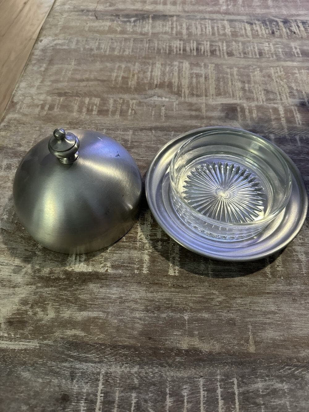 WEB Early American Pewter Domed Butter Cheese Dish Vintage w/ Glass Bowl